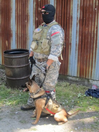 A Special Forces troop readies his dog for a terrorist apprehension and explosives search drill at Vohne Liche Kennels. — Photo courtesy of Schweet Entertainment / Tim Kasiewiczv