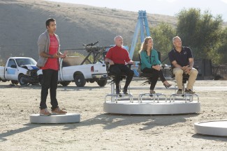 'Big Brain Theory' features host Kal Penn and judges Christine Gulbranson, Mark Fuller and Mike Massimino — Photo courtesy of Discovery Channel