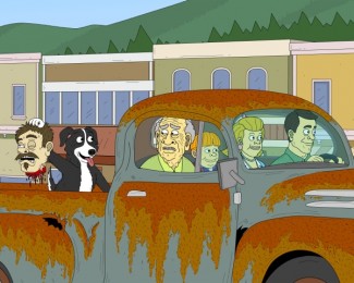The Goodman family rides in Mr. Goodman’s (Jay Johnston) old truck on their way to the Old Town Featherhead’s baseball game. Mr. Pickles (Dave Stewart and Will Carsola) taunts Grandpa (Frank Collison) with a severed head out of sight of the rest of the family. Mr. Pickles premieres Sept. 21 at 11:30 p.m. on Adult Swim. — Photo, Adult Swim