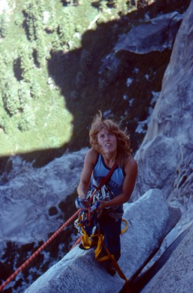 Lynn Hill takes a look up on Half Dome — Photo courtesy of Charlie Row 1977