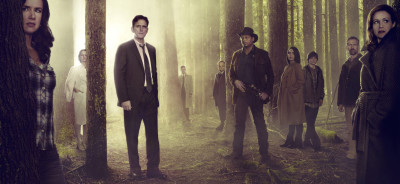 Wayward Pines stars, from left, Juliette Lewis, Melisa Leo, Matt Dillon, Tim Griffin, Toby Jones, Terrence Howard, Shannyn Sossamon, Charlie Tahan, Reed Diamond and Carla Gugino. Photo courtesy of ©2014 Fox Broadcasting Co. — Frank Ockenfels/FOX