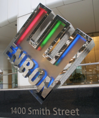 The Enron logo is seen January 23, 2002, in front of the company's corporate headquarters in Houston, Texas. Federal prosecuters and the FBI investigated allegations that documents were shredded by the bankrupt energy-trading giant. Photo courtesy of James Nielsen/Getty Images