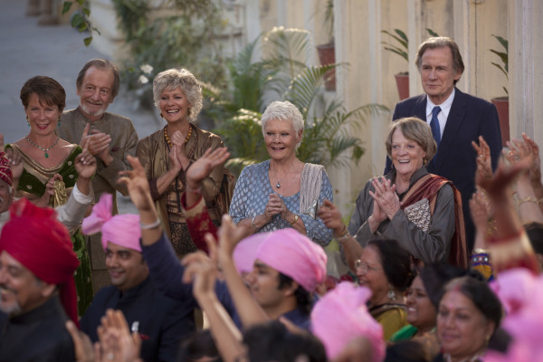 Celia Imrie as "Madge Hardcastle," Ronald Pickup as "Norman Cousins," Diana Hardcastle as "Carol," Judi Dench as "Evelyn Greenslade," Maggie Smith as "Muriel Donnely" and Bill Nighy as "Douglas Ainslie" in THE Second Best Exotic Marigold Hotel. Photo courtesy of Laurie Sparham. Copyright © 2014 Twentieth Century Fox.