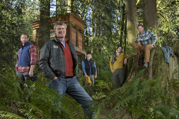 Left to Right, Treehouse Masters' Alex, Pete Nelson, Chuck, Charlie Nelson and Daryl pause in the forest near the Bonbibi treehouse at Treehouse Point. Photo courtesy of Animal Planet.