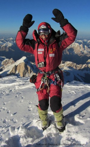 Photograph © Maxut Zhumayev/National Geographic Austrian alpinist Gerlinde Kaltenbrunner cheers on reaching the summit of K2, the world's second-highest mountain. By reaching the top, she became the first woman in the world to summit all 14 of Earth's highest peaks without using supplementary oxygen.