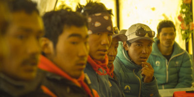 Sherpas attend a meeting at base camp in the new documentary Sherpa. Photo courtesy of Discovery Channel.
