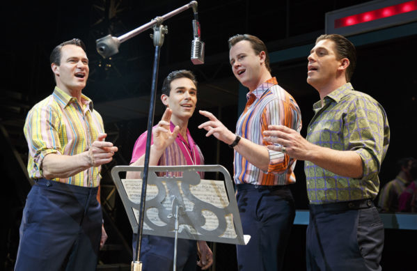 Jersey Boys stars Matt Bogart, Dominic Scaglione Jr., Quinn VanAntwerp and Richard H. Blake as Frankie Valli and the Four Seasons. Photo courtesy of Joan Marcus.