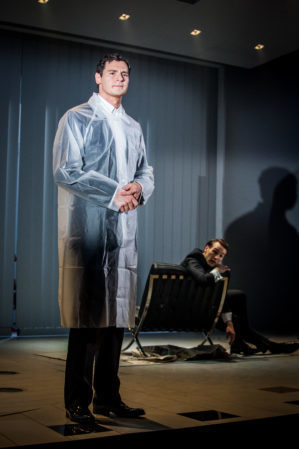 Benjamin Walker and Drew Moerlin play Patrick Bateman and Paul Owen respectively in American Psycho, playing at the Gerald Schoenfeld Theatre through Sunday, June 5. Photo courtesy of Jeremy Daniel.